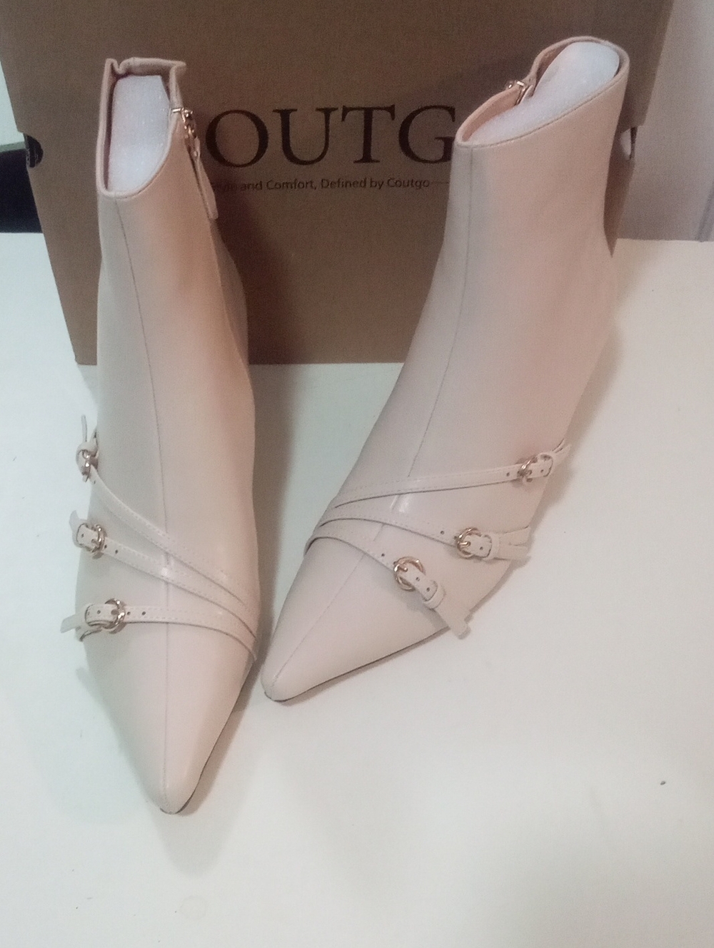 Coutgo Pointed Toe Ankle Boots Nude Sz 9 New In Box Straps Elegant Heels